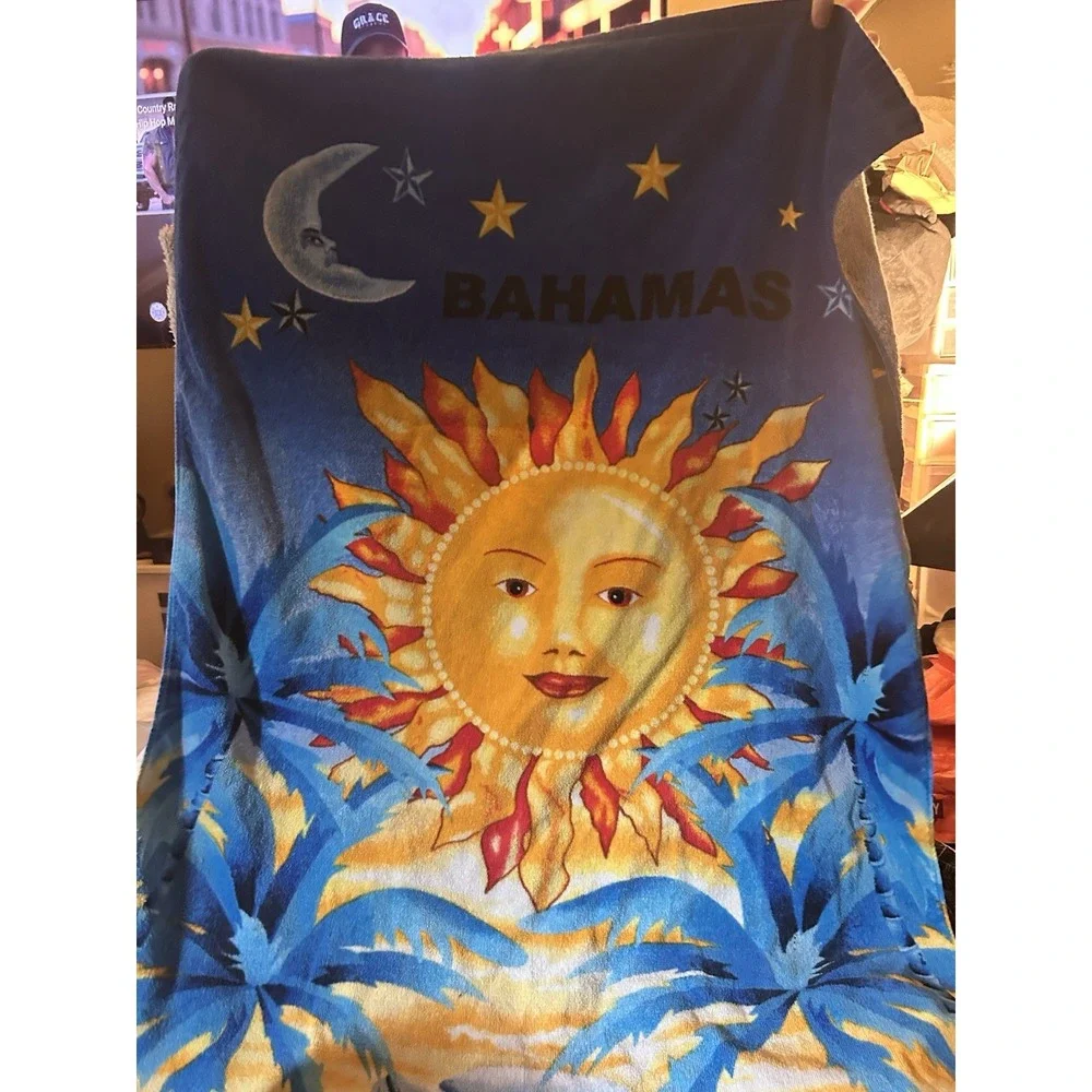 Bahamas Souvenir Beach Towel Sun‎ Moon Dolphin Palm Trees Tropical Ocean